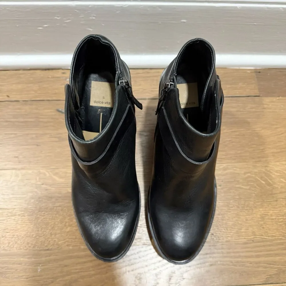 Dolce Vita Women's Black Colie Leather Wood Platform Wedge Ankle Boots Sz 9.5